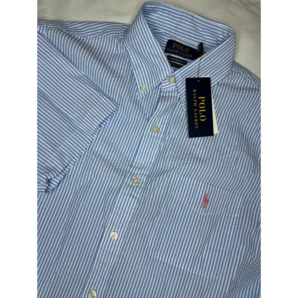 Polo Ralph Lauren Men's RL Untucked‎ Fit Seersucker Shirt Blue Medium NWT $125